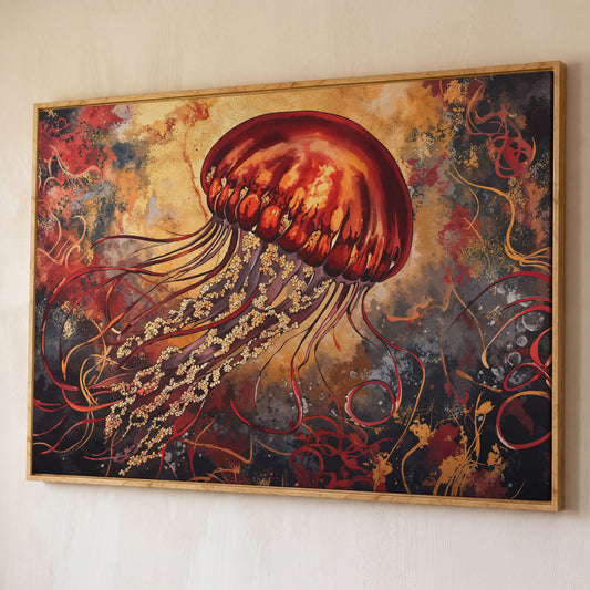 Lone Jellyfish Abstract Underwater Canvas Wall Art shown in white oak floating frame