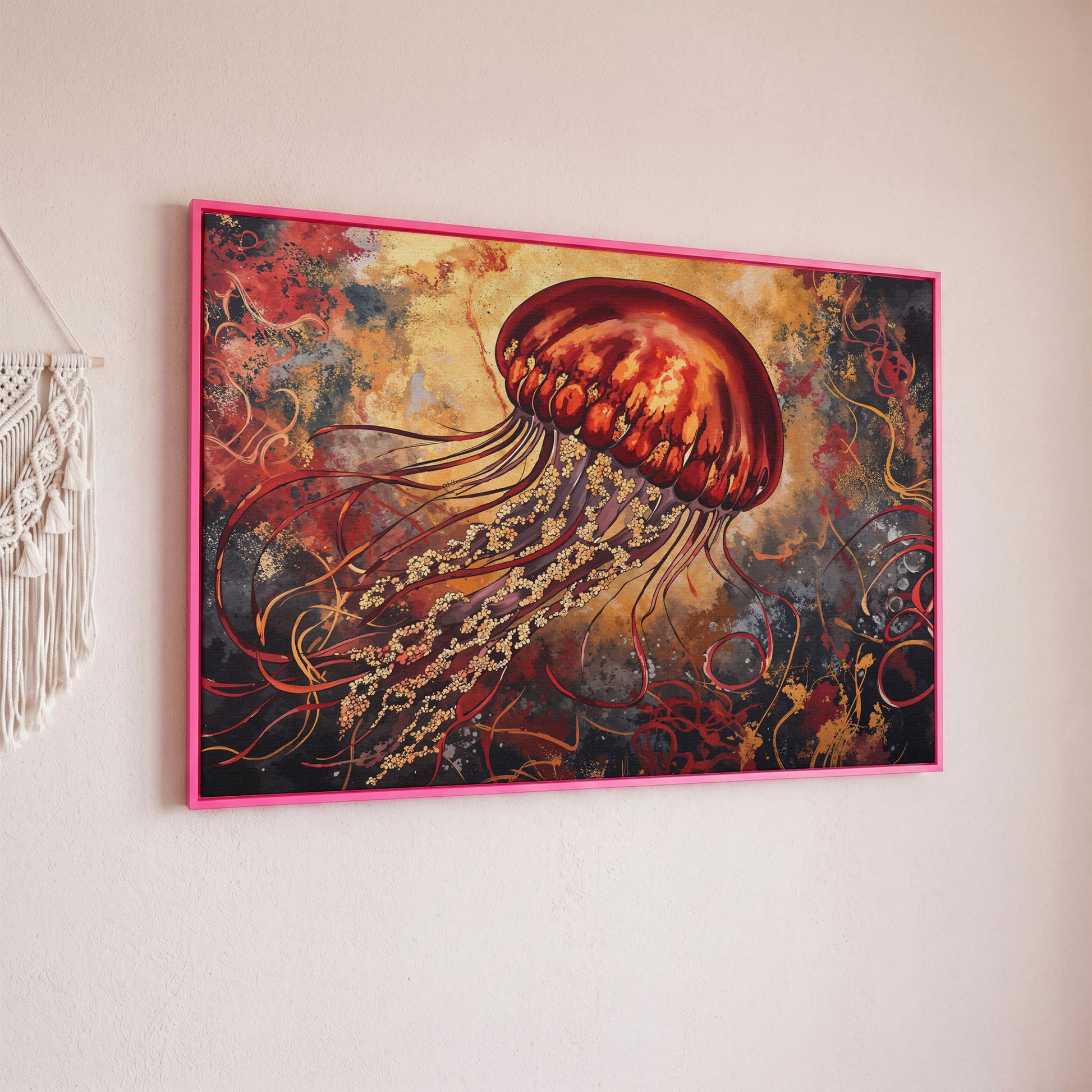 Lone Jellyfish Abstract Underwater Canvas Wall Art in pink floating frame