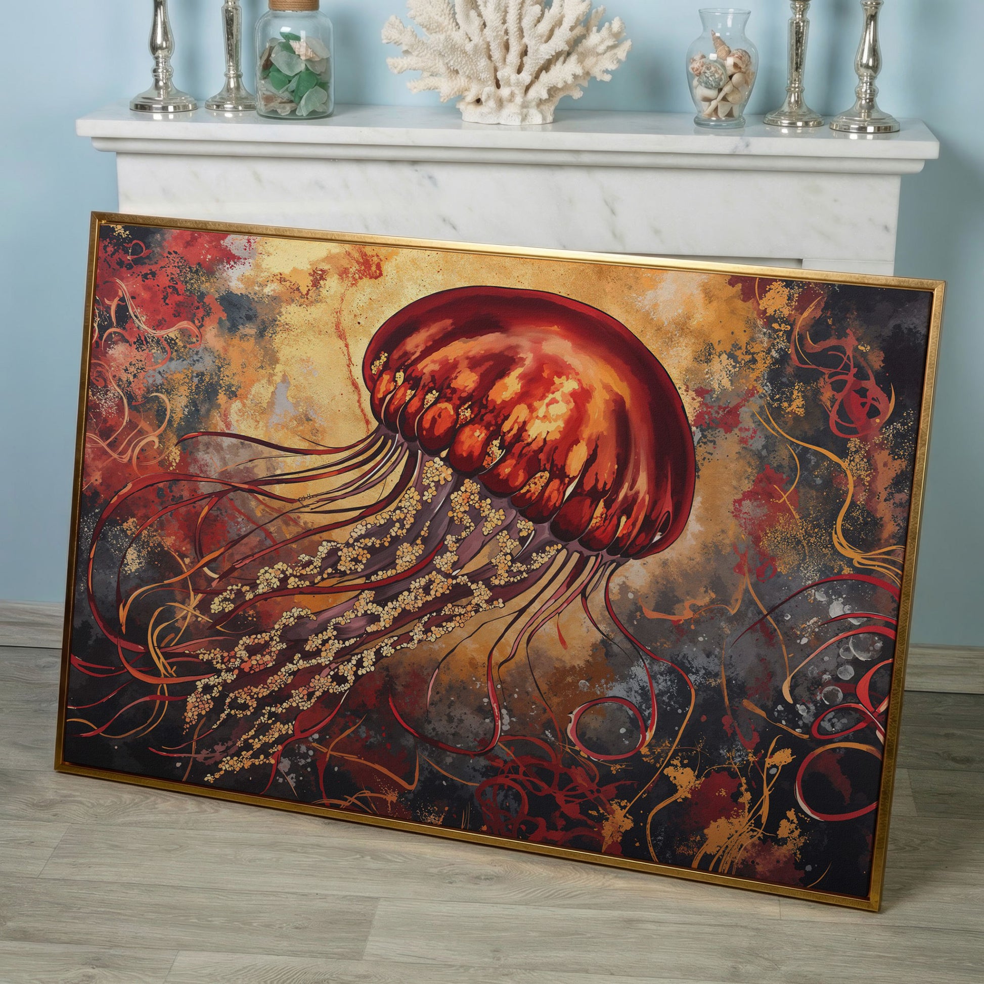 Lone Jellyfish Abstract Underwater Canvas Wall Art in rose gold floating frame