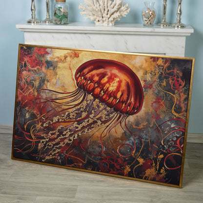 Lone Jellyfish Abstract Underwater Canvas Wall Art in rose gold floating frame