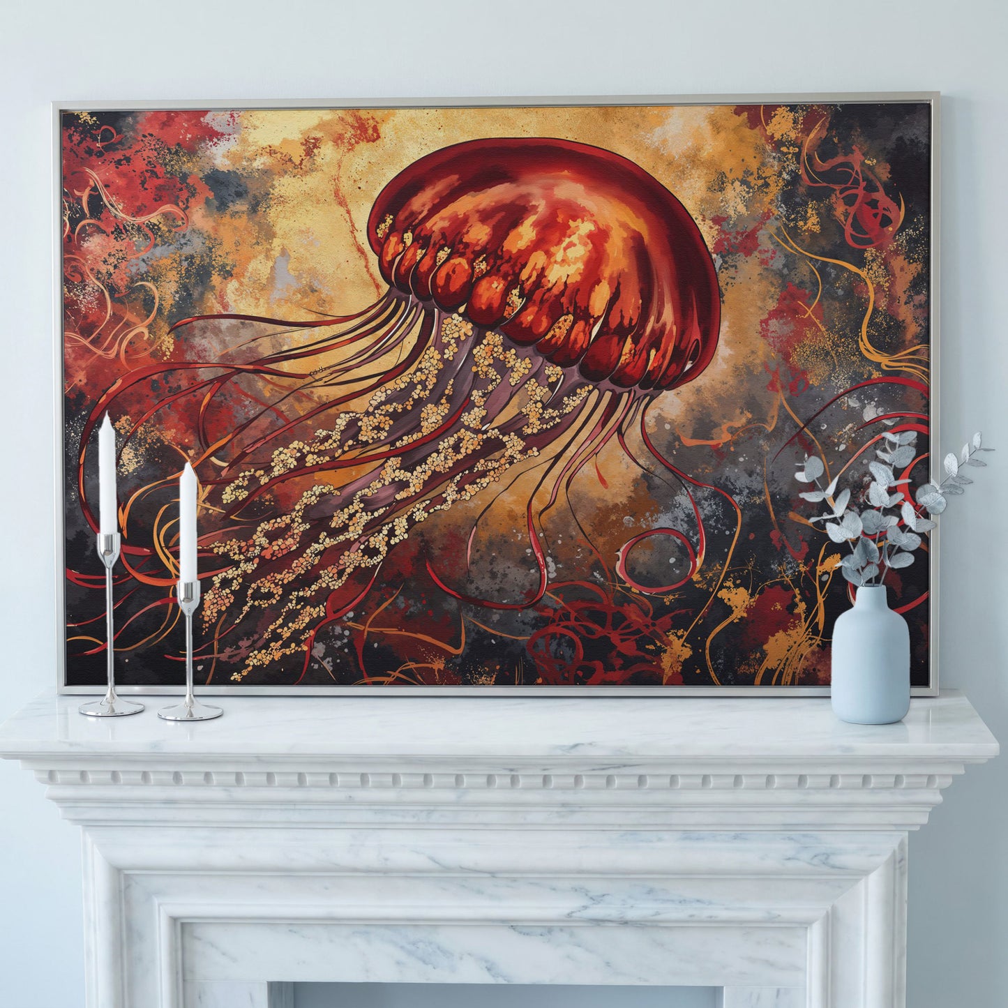 Lone Jellyfish Abstract Underwater Canvas Wall Art in silver floating frame