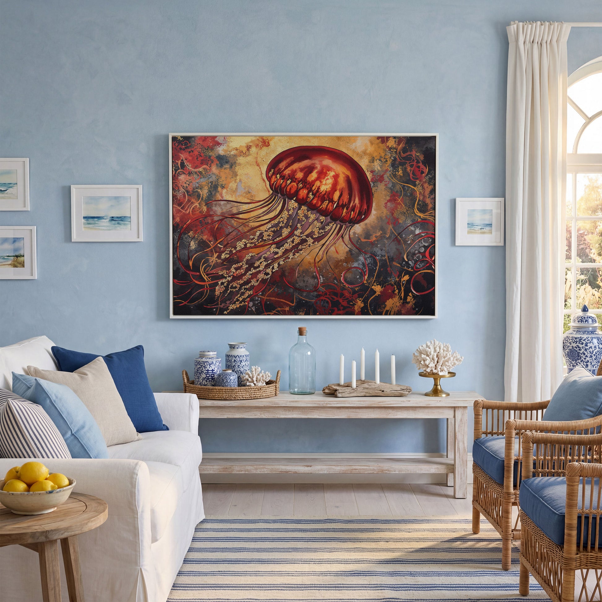 Lone Jellyfish Abstract Underwater Canvas Wall Art in white floating frame