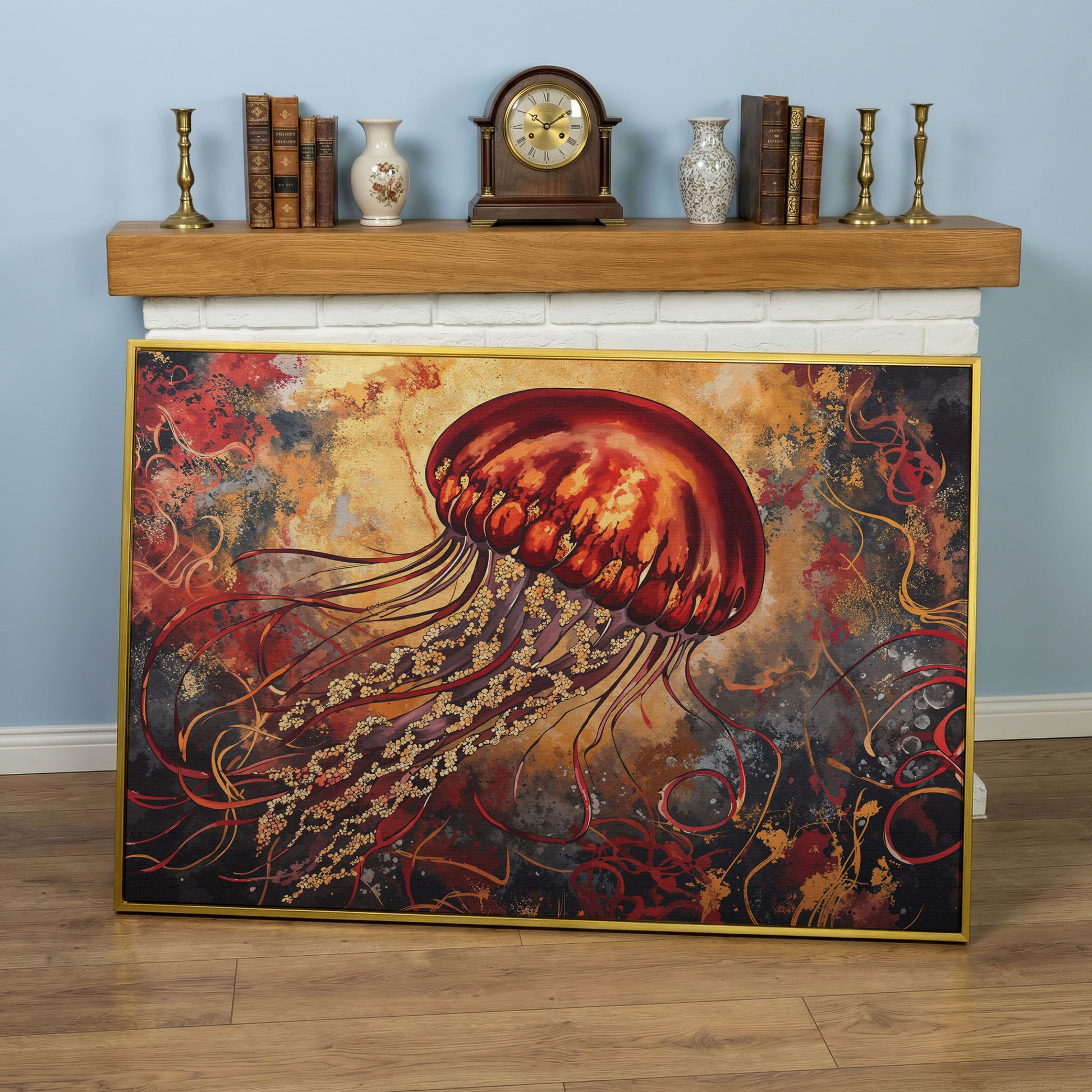 Lone Jellyfish Abstract Underwater Canvas Wall Art in yellow gold floating frame