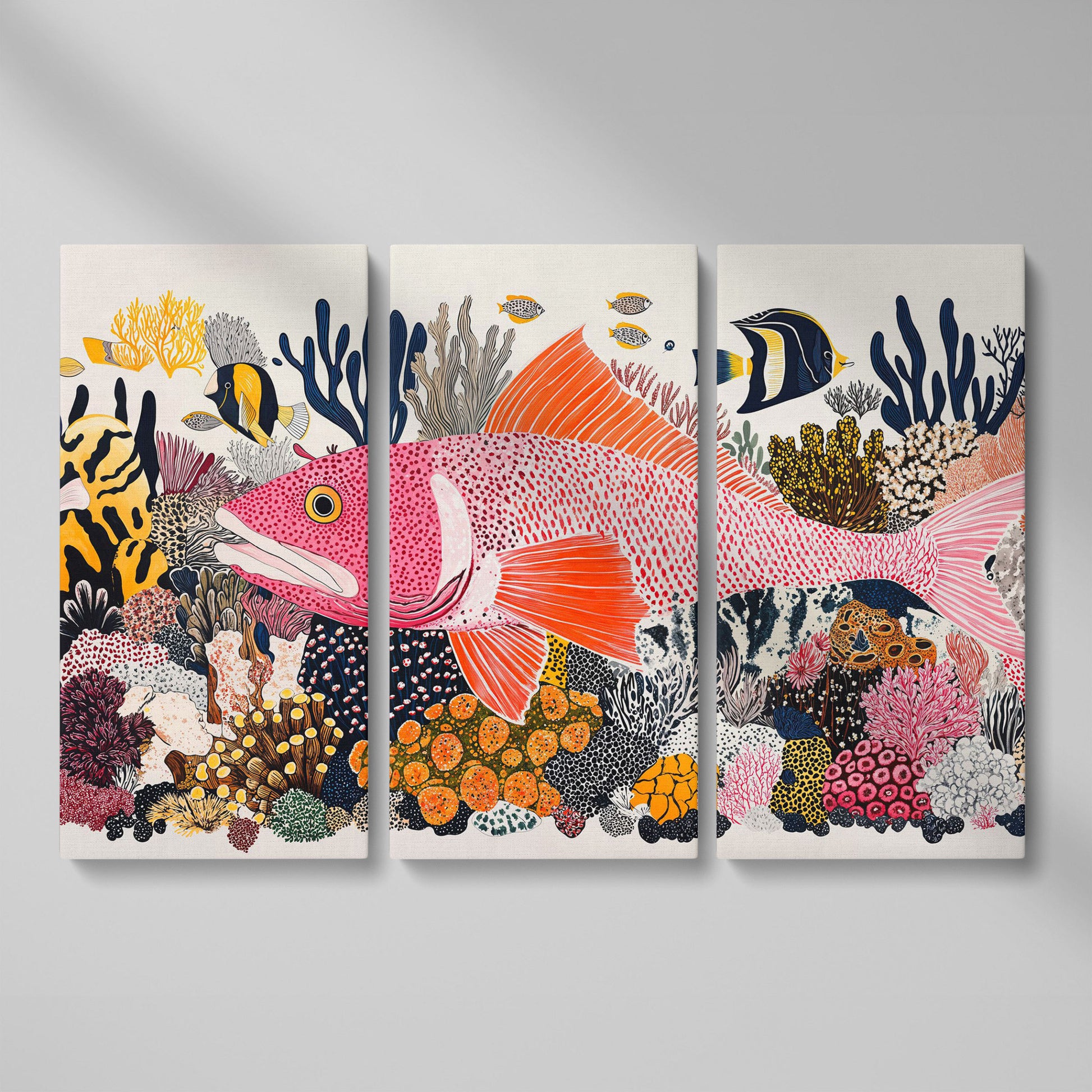 Coral Reef Canvas Art with Tropical Fish, Large Wall Print as 3-panel split version