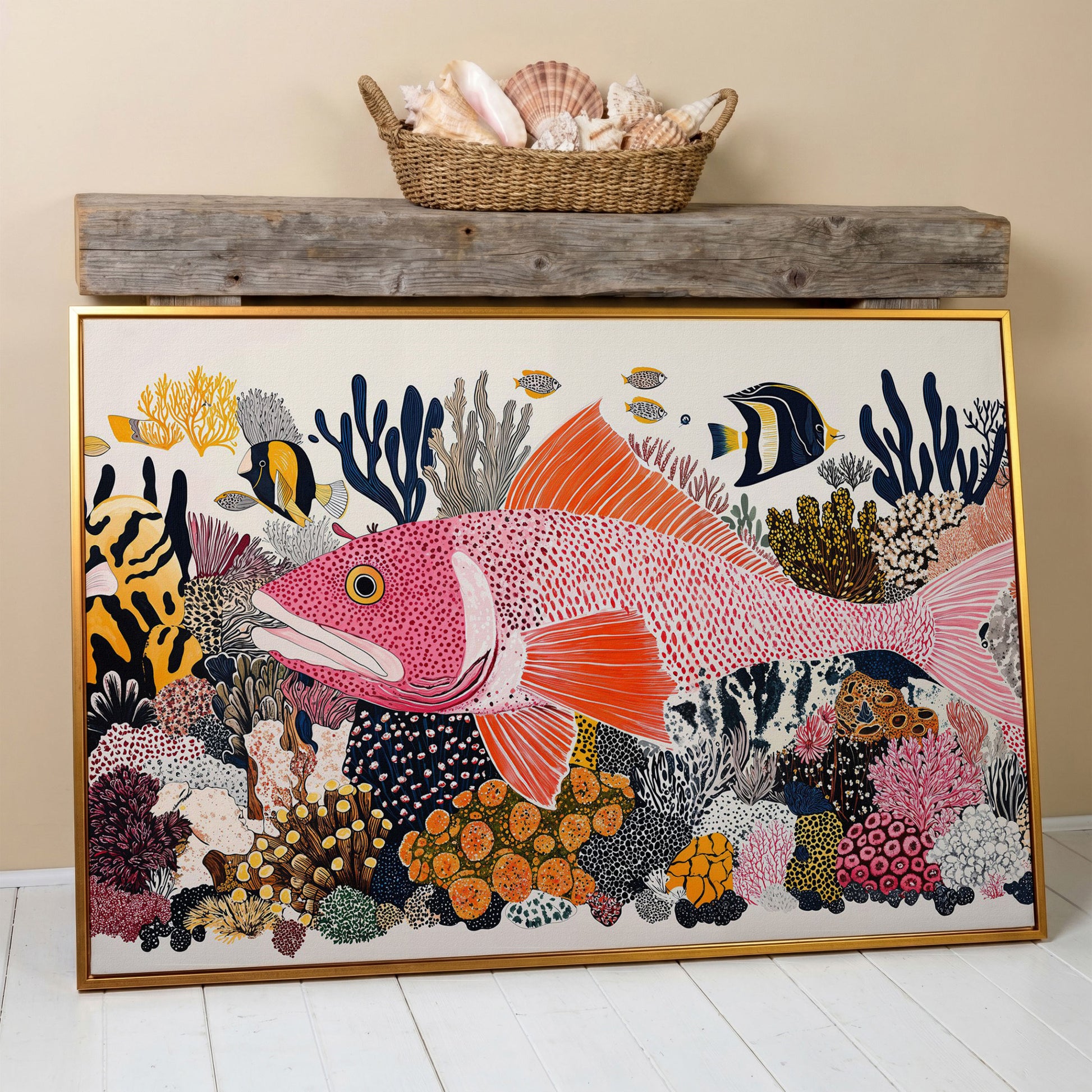 Coral Reef Canvas Art with Tropical Fish, Large Wall Print in antique gold floating frame