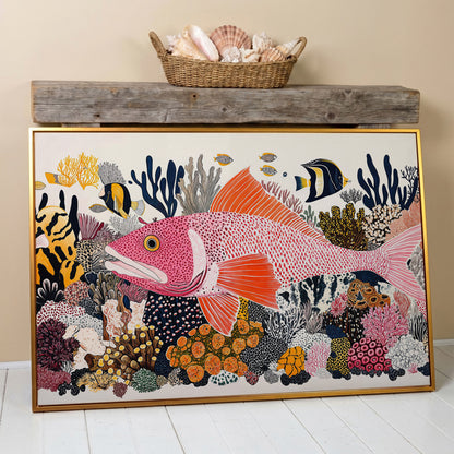 Coral Reef Canvas Art with Tropical Fish, Large Wall Print in antique gold floating frame