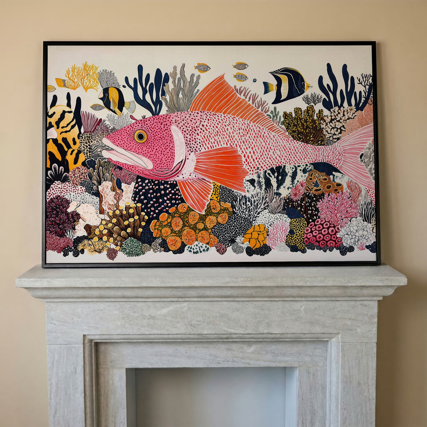 Coral Reef Canvas Art with Tropical Fish, Large Wall Print in black floating frame
