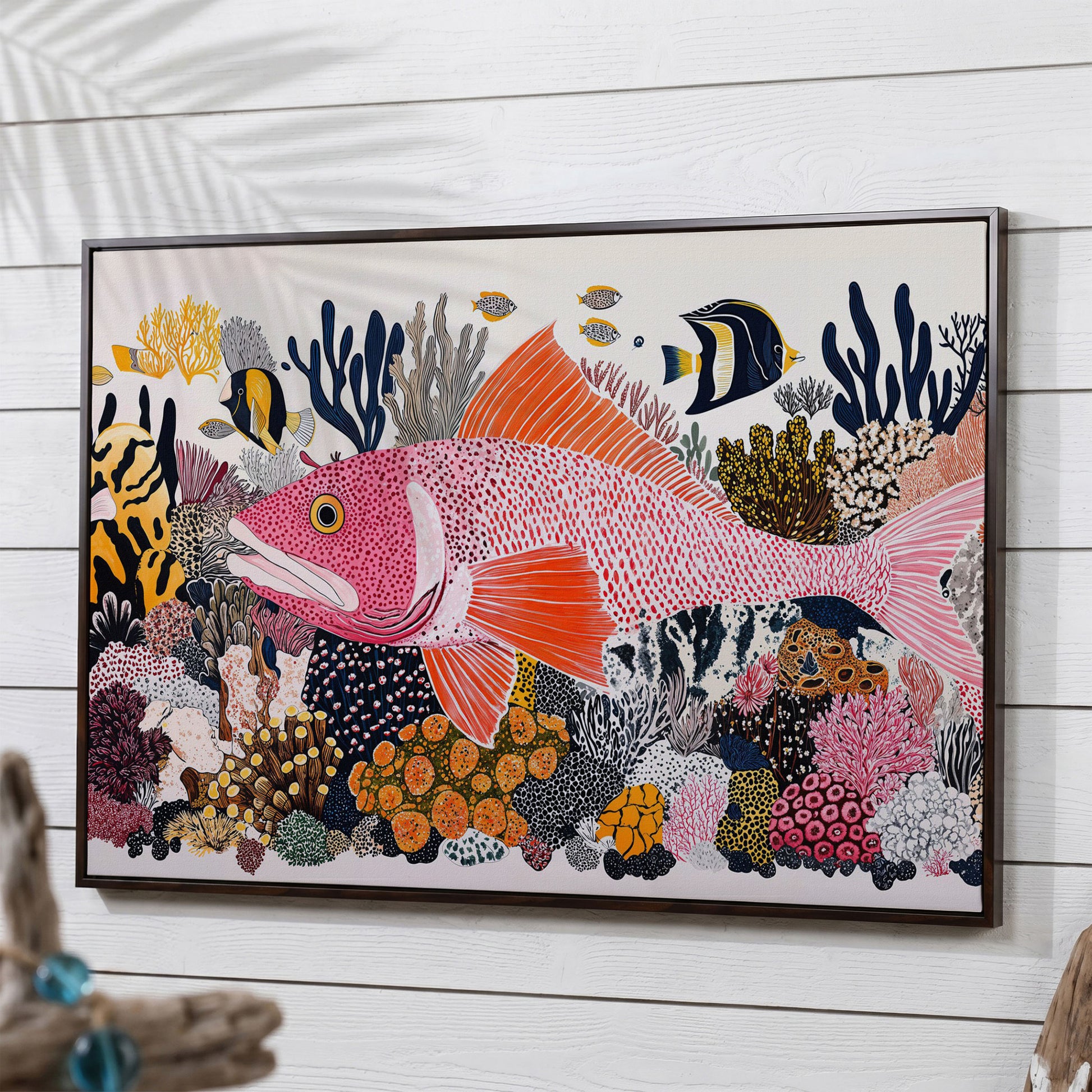 Coral Reef Canvas Art with Tropical Fish, Large Wall Print in dark walnut floating frame