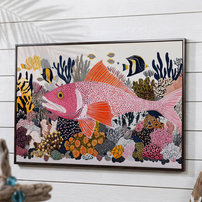 Coral Reef Canvas Art with Tropical Fish, Large Wall Print in dark walnut floating frame