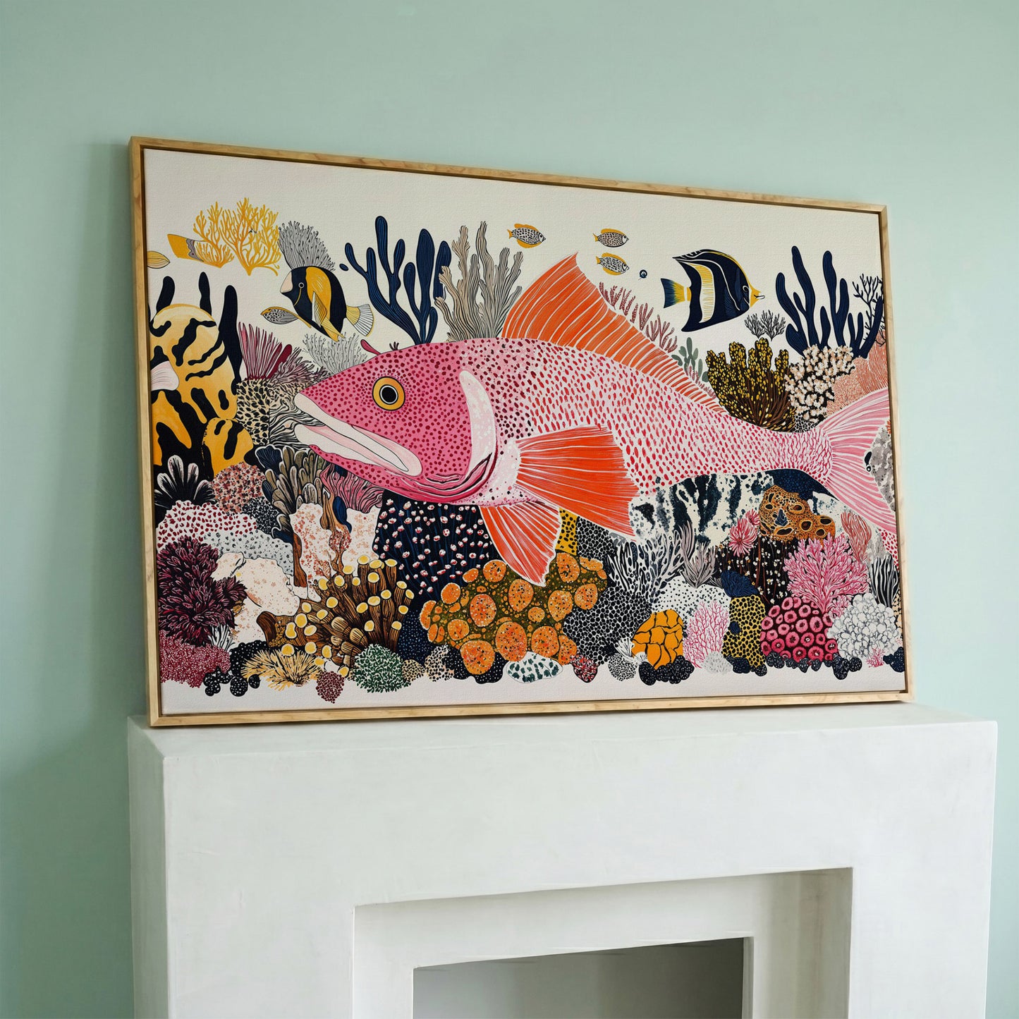 Coral Reef Canvas Art with Tropical Fish, Large Wall Print in white oak floating frame