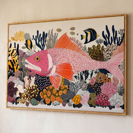 Coral Reef Canvas Art with Tropical Fish, Large Wall Print shown in white oak floating frame