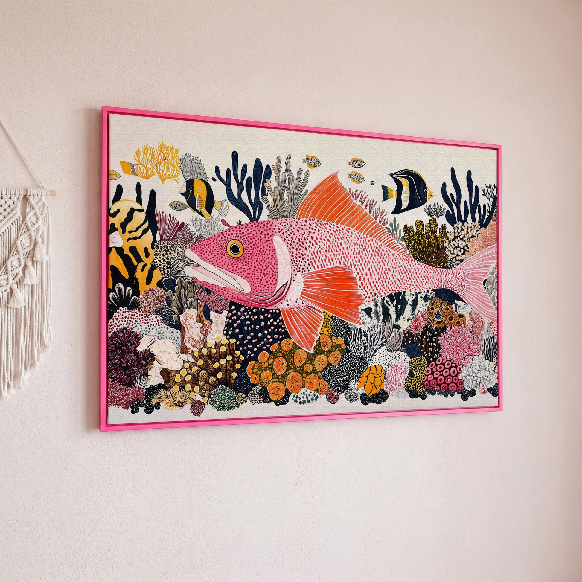 Coral Reef Canvas Art with Tropical Fish, Large Wall Print in pink floating frame