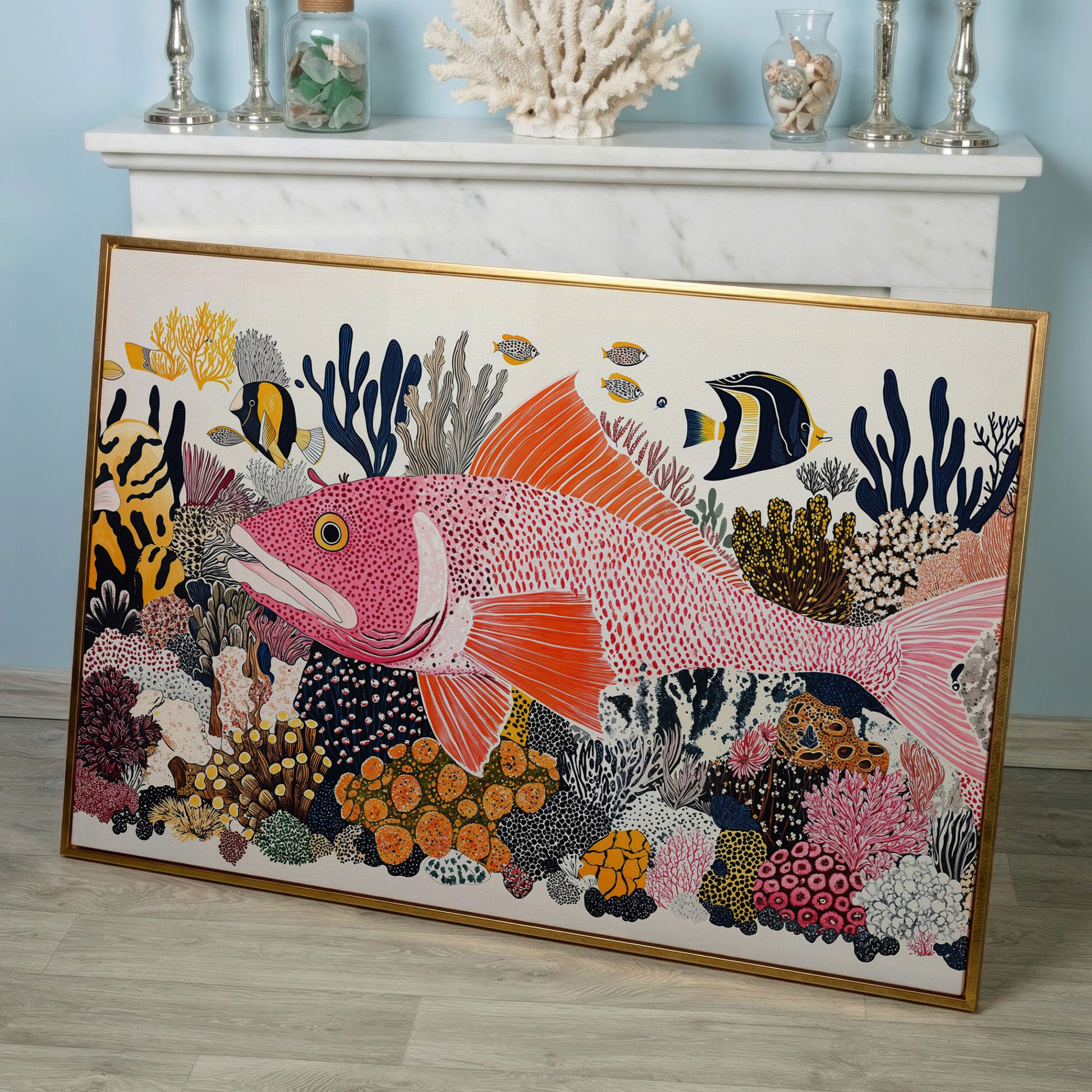 Coral Reef Canvas Art with Tropical Fish, Large Wall Print in rose gold floating frame