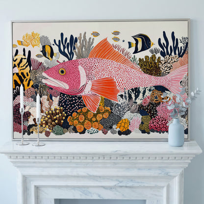 Coral Reef Canvas Art with Tropical Fish, Large Wall Print in silver floating frame