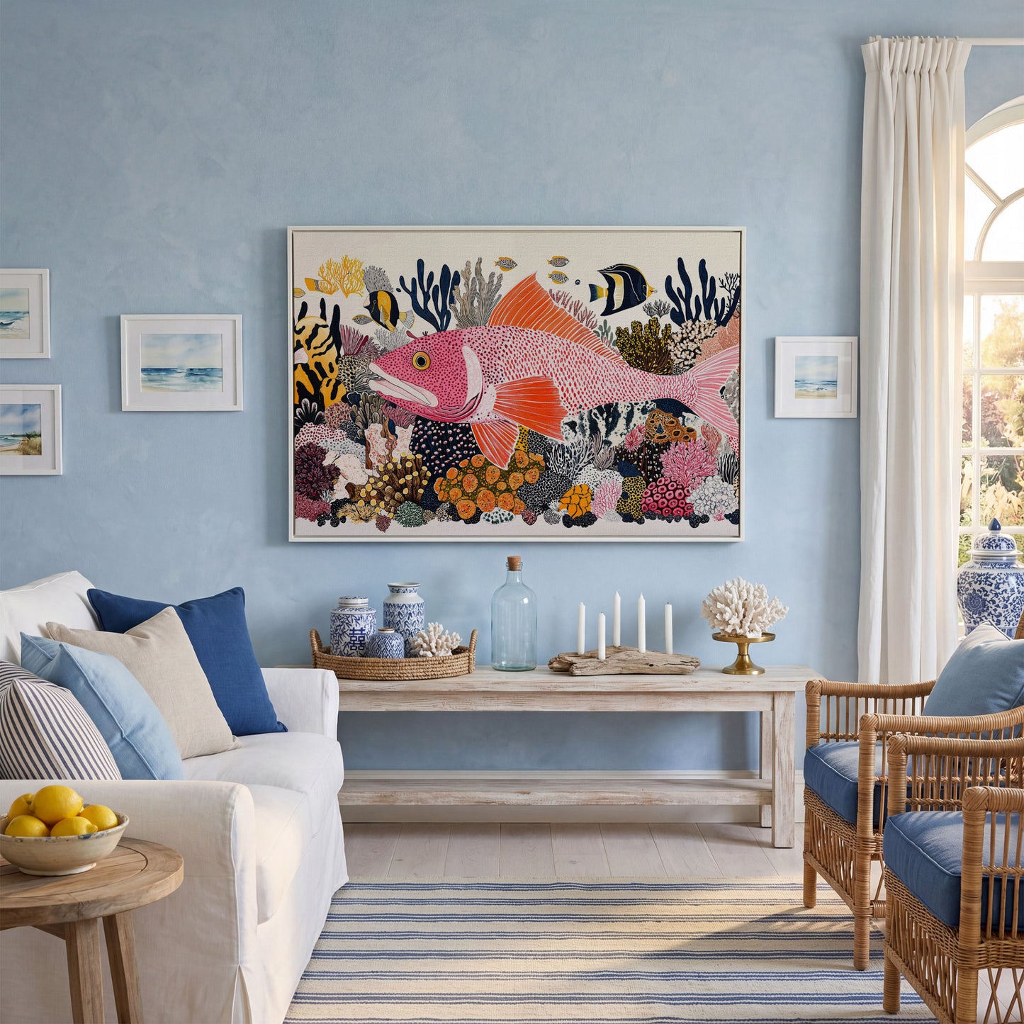 Coral Reef Canvas Art with Tropical Fish, Large Wall Print in white floating frame