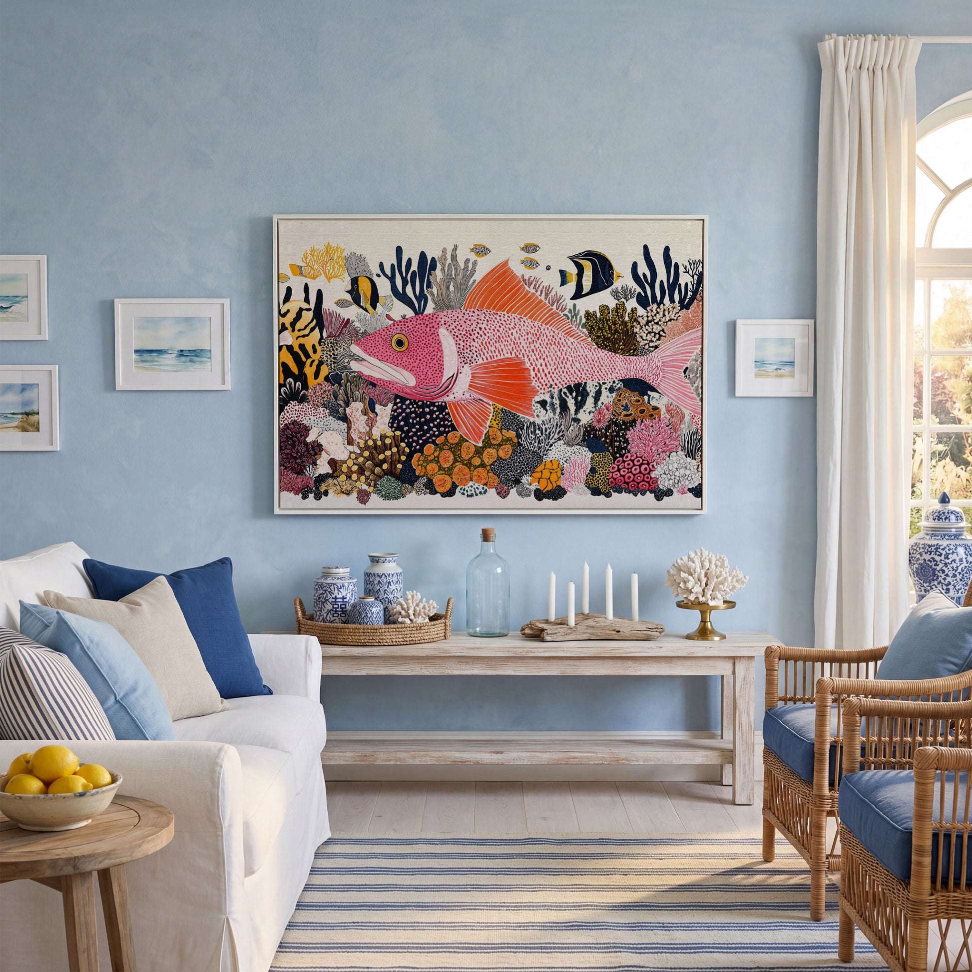Coral Reef Canvas Art with Tropical Fish, Large Wall Print in white floating frame