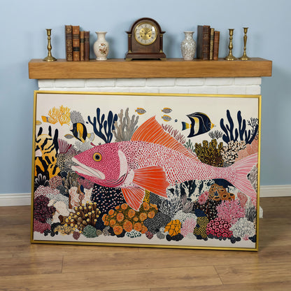 Coral Reef Canvas Art with Tropical Fish, Large Wall Print in yellow gold floating frame