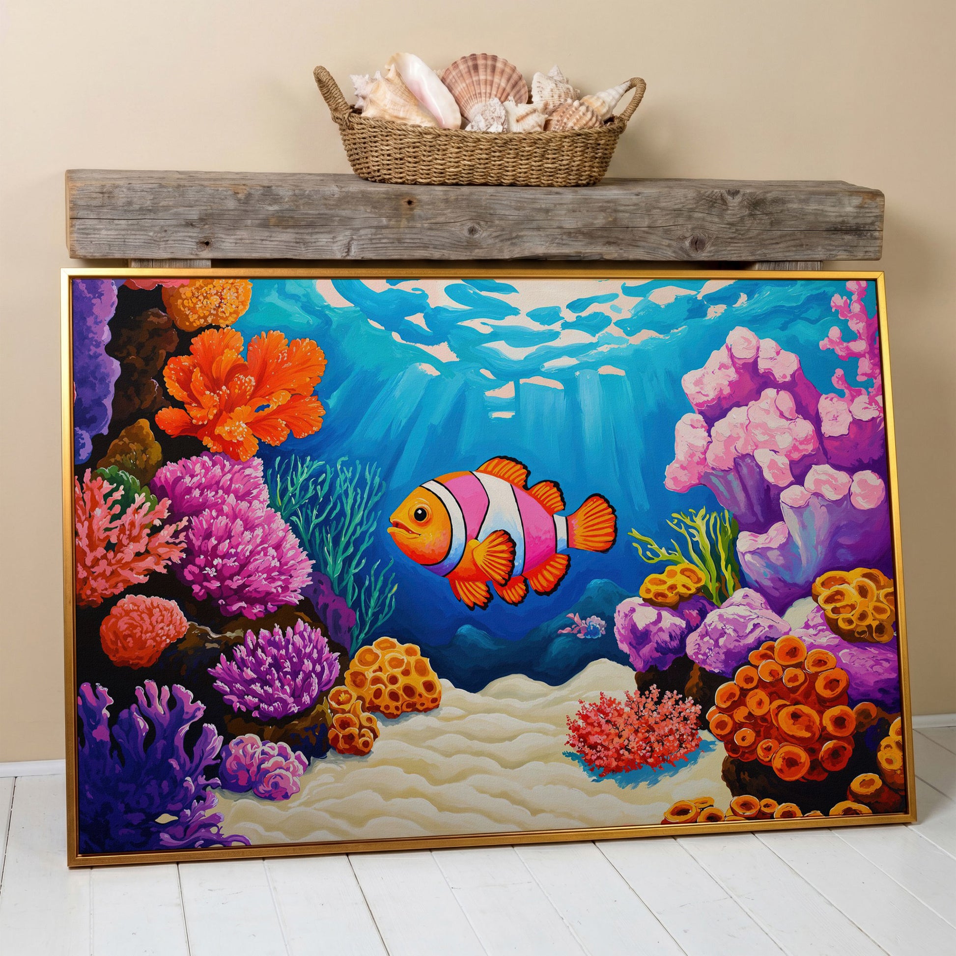 Clownfish in Coral Reef Canvas Wall Art in antique gold floating frame