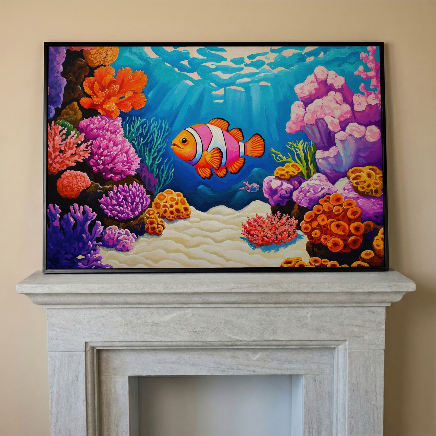 Clownfish in Coral Reef Canvas Wall Art in black floating frame