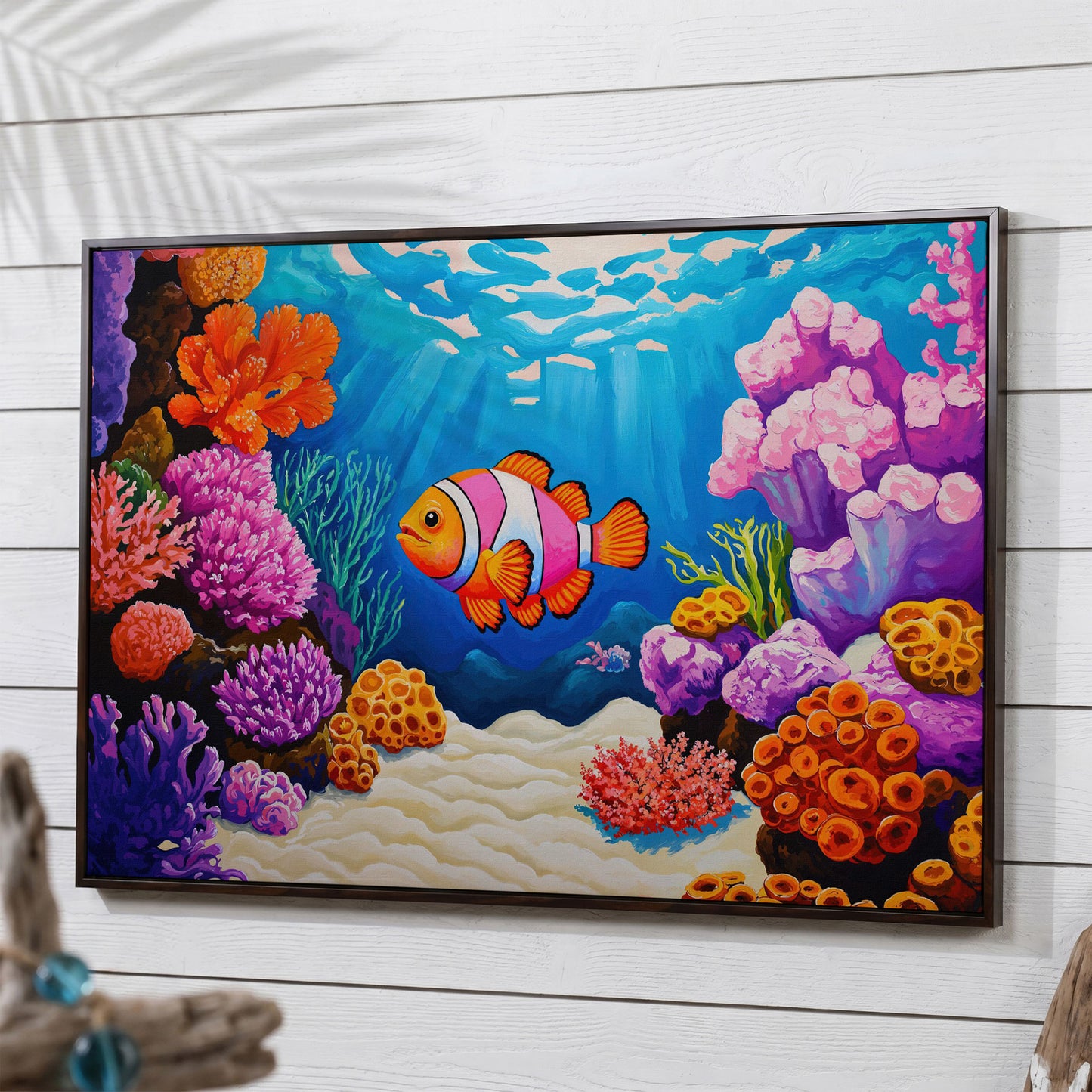 Clownfish in Coral Reef Canvas Wall Art in dark walnut floating frame