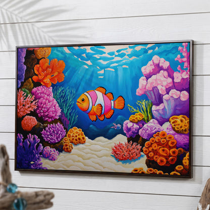 Clownfish in Coral Reef Canvas Wall Art in dark walnut floating frame