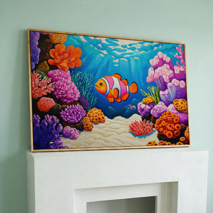 Clownfish in Coral Reef Canvas Wall Art in white oak floating frame