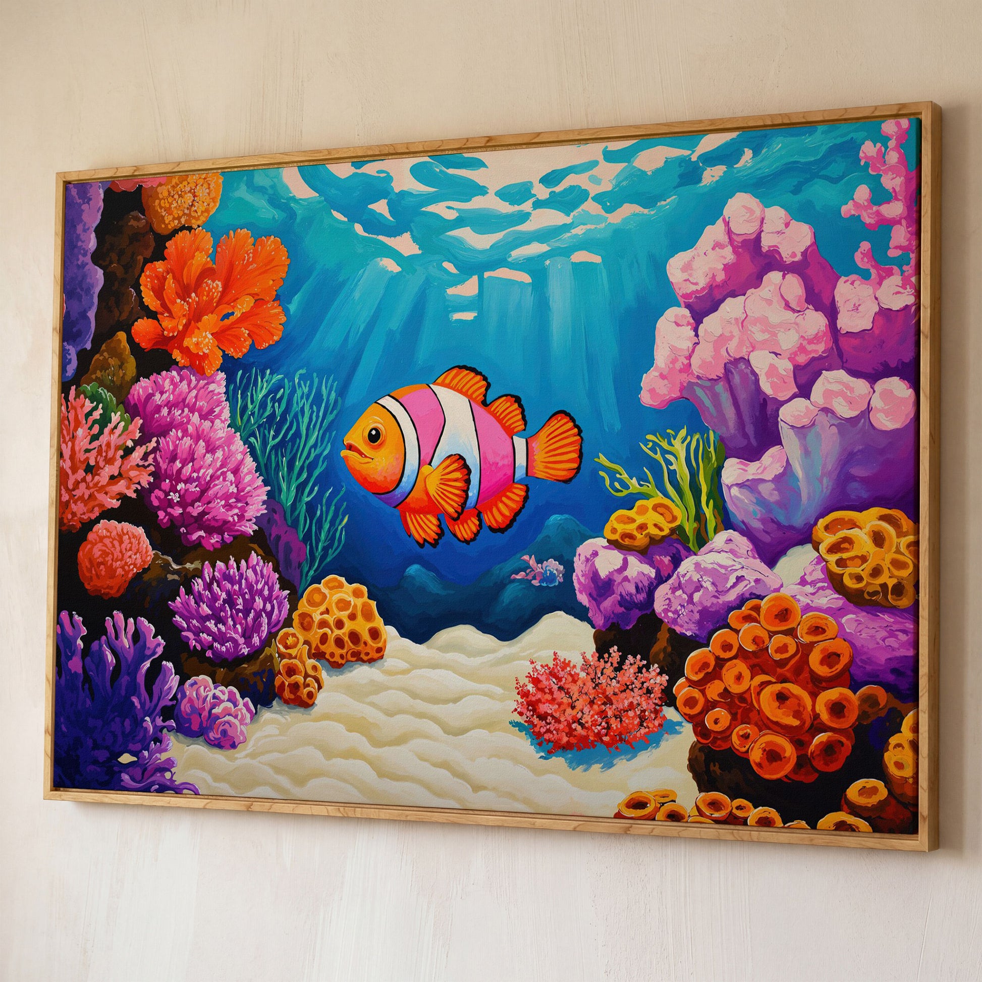 Clownfish in Coral Reef Canvas Wall Art shown in white oak floating frame