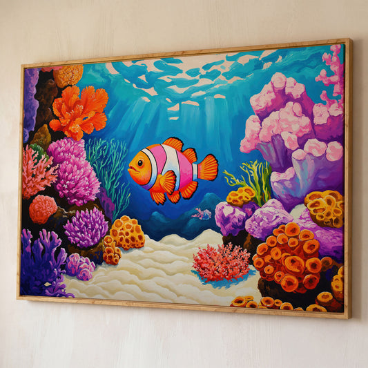 Clownfish in Coral Reef Canvas Wall Art shown in white oak floating frame