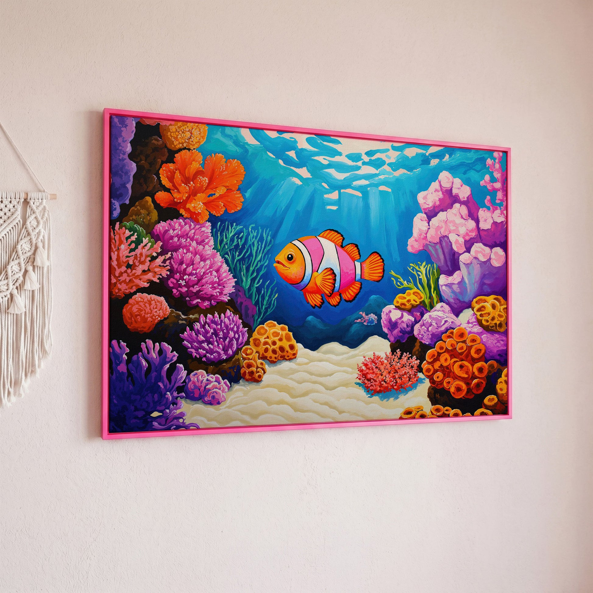 Clownfish in Coral Reef Canvas Wall Art in pink floating frame