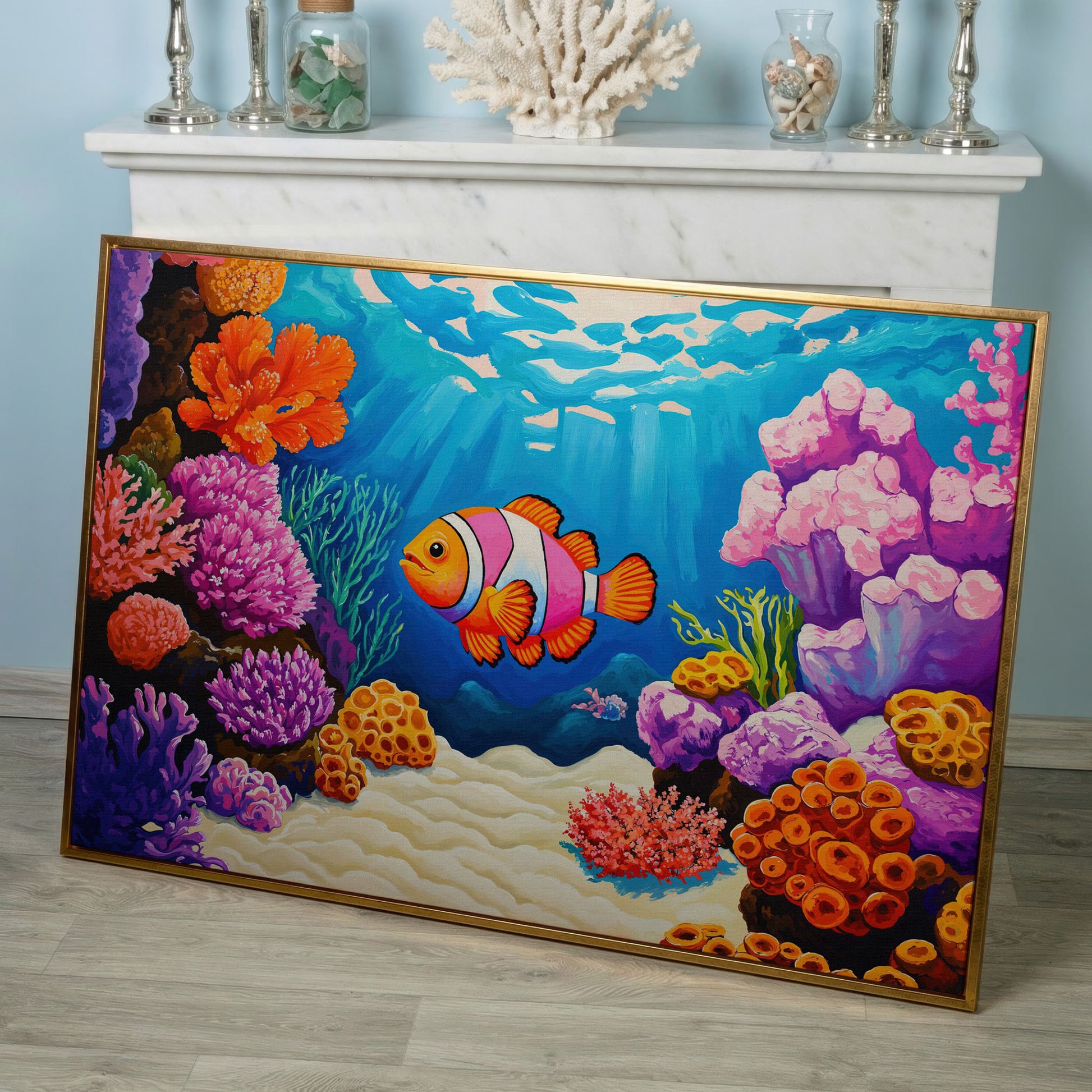 Clownfish in Coral Reef Canvas Wall Art in rose gold floating frame