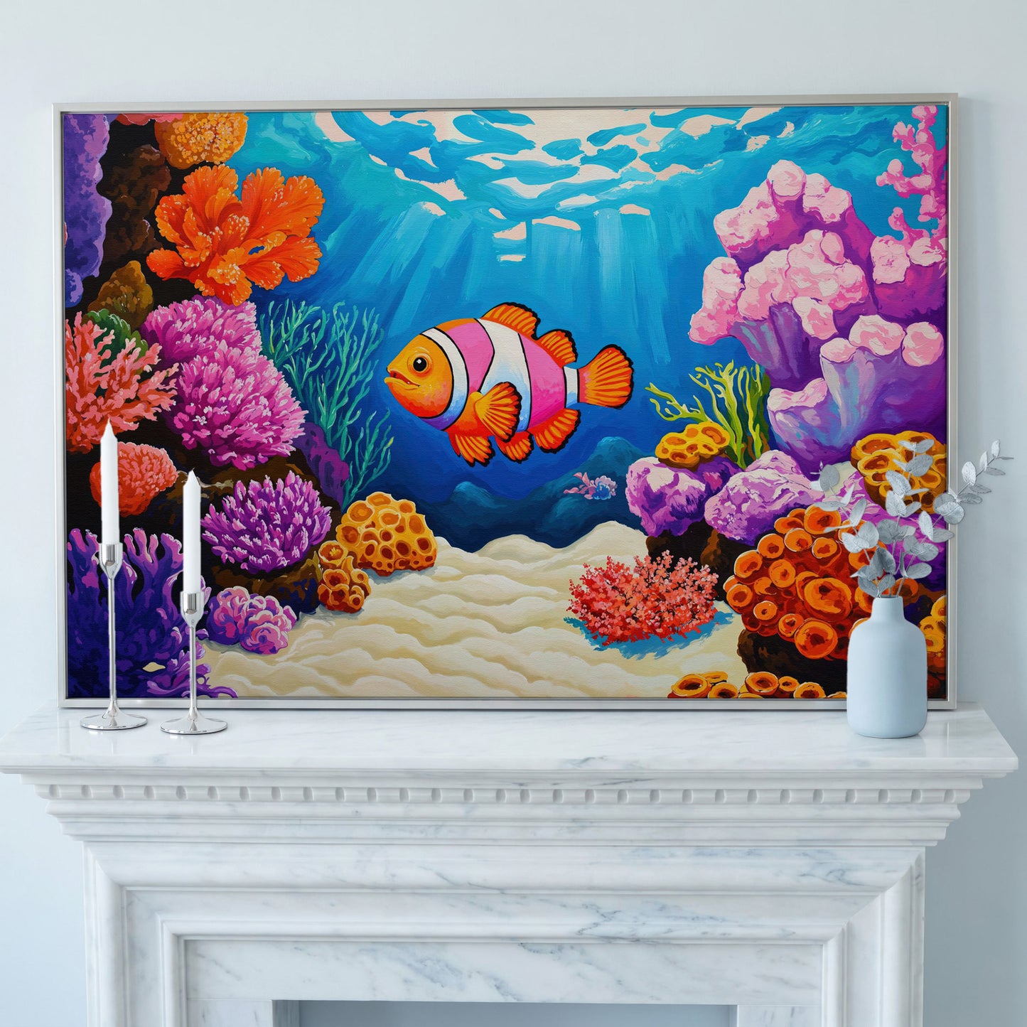 Clownfish in Coral Reef Canvas Wall Art in silver floating frame