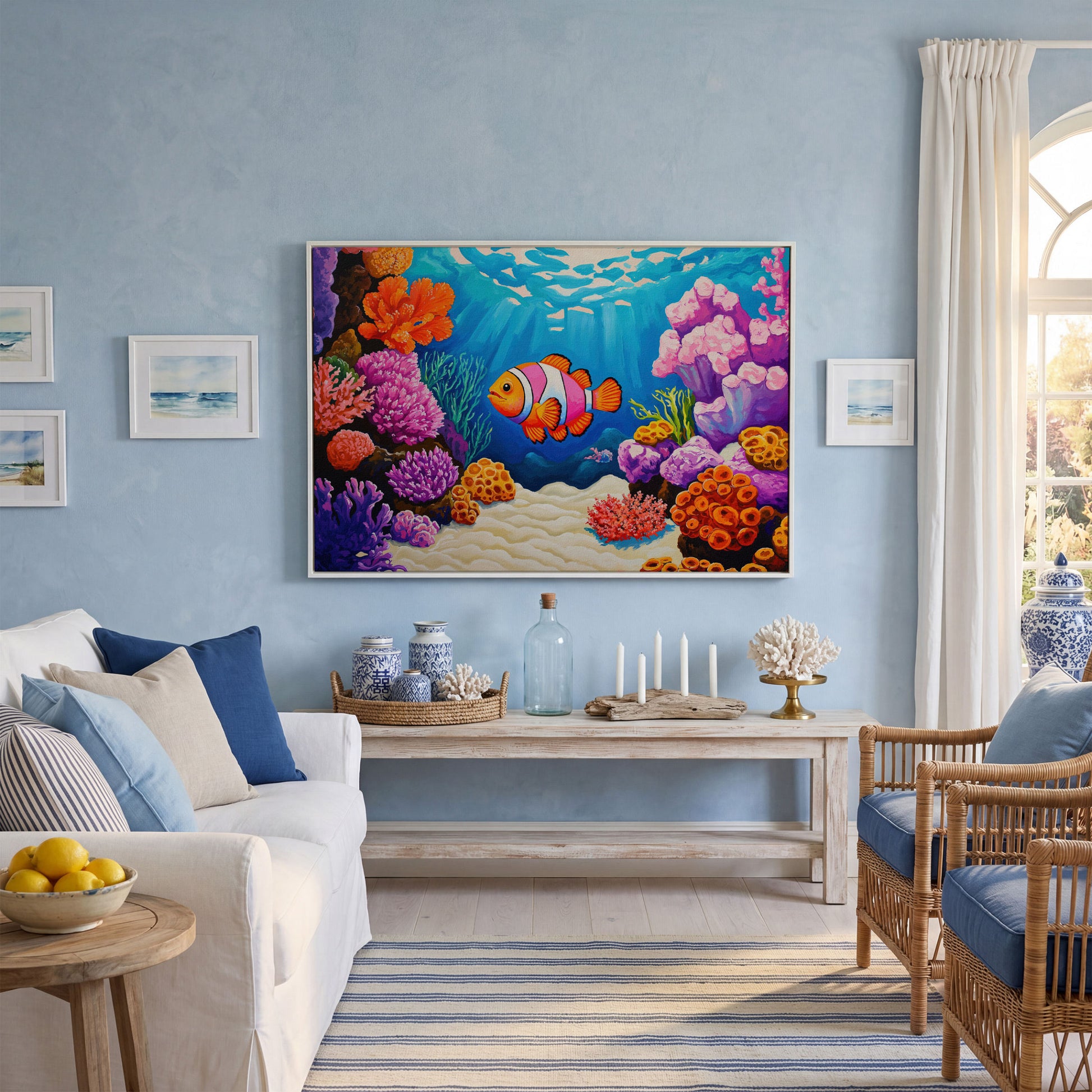 Clownfish in Coral Reef Canvas Wall Art in white floating frame