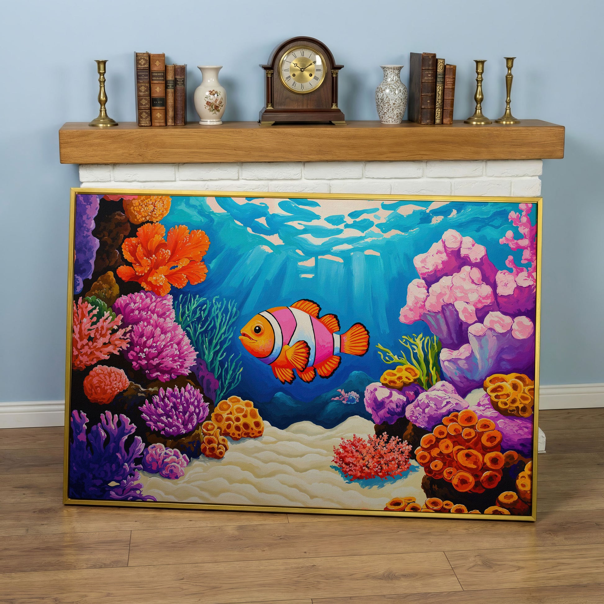 Clownfish in Coral Reef Canvas Wall Art in yellow gold floating frame