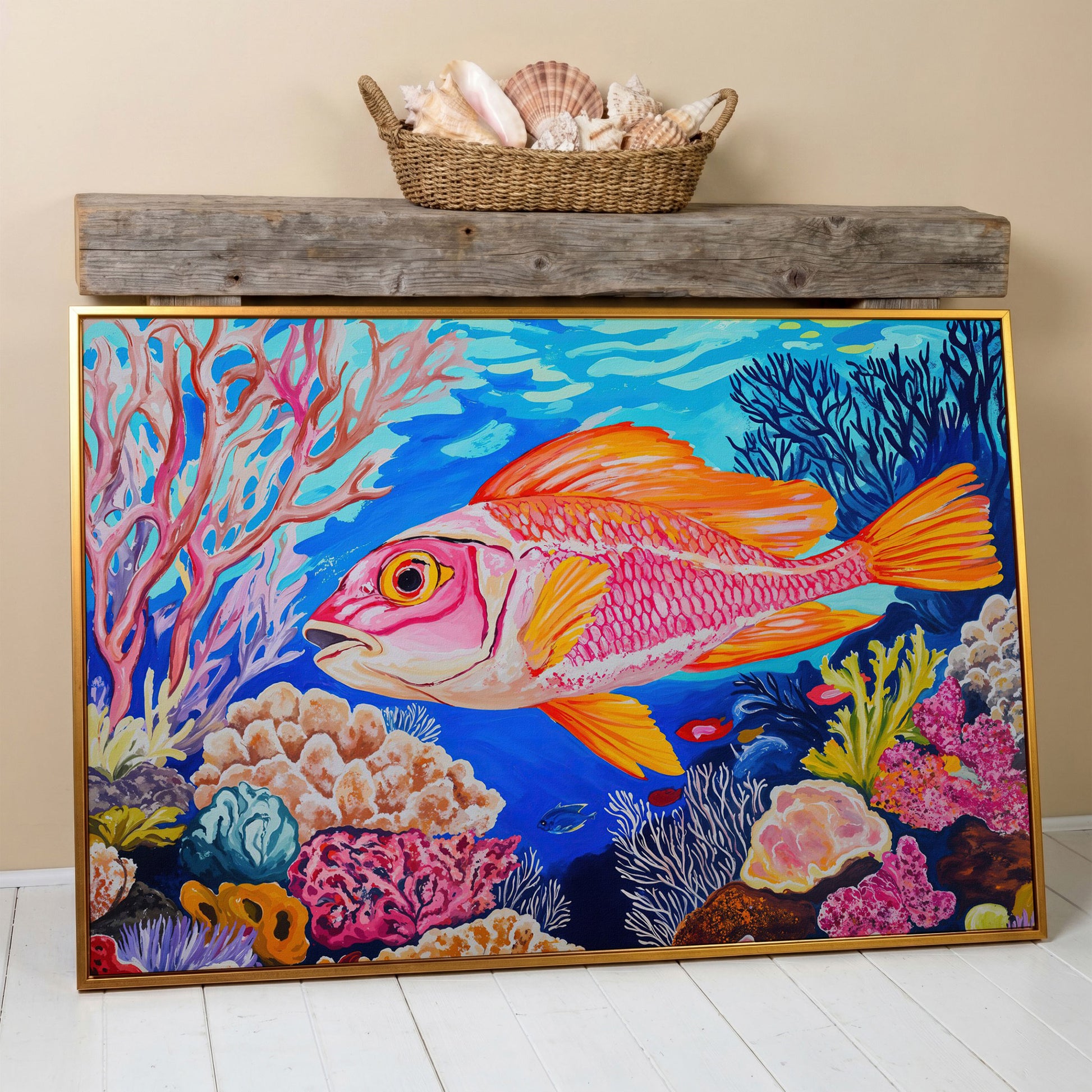 Coral Reef Canvas Art with Reddish-Orange Fish, Large Wall Print in antique gold floating frame