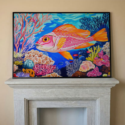 Coral Reef Canvas Art with Reddish-Orange Fish, Large Wall Print in black floating frame