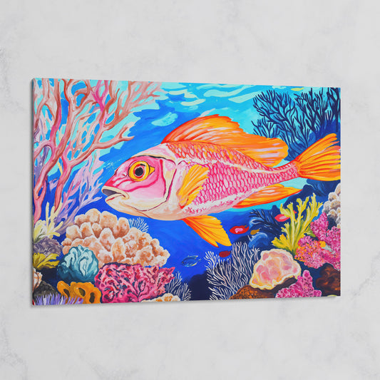 Coral Reef Canvas Art with Reddish-Orange Fish, Large Wall Print on gallery wrap