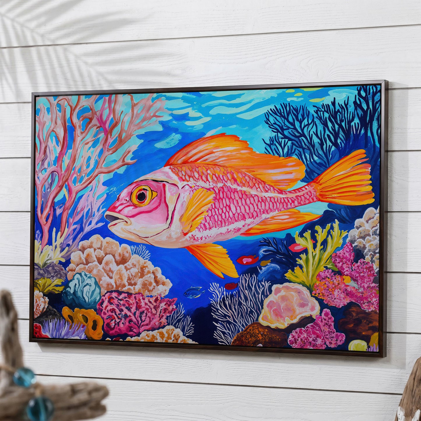 Coral Reef Canvas Art with Reddish-Orange Fish, Large Wall Print in dark walnut floating frame