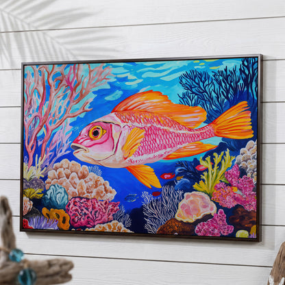 Coral Reef Canvas Art with Reddish-Orange Fish, Large Wall Print in dark walnut floating frame