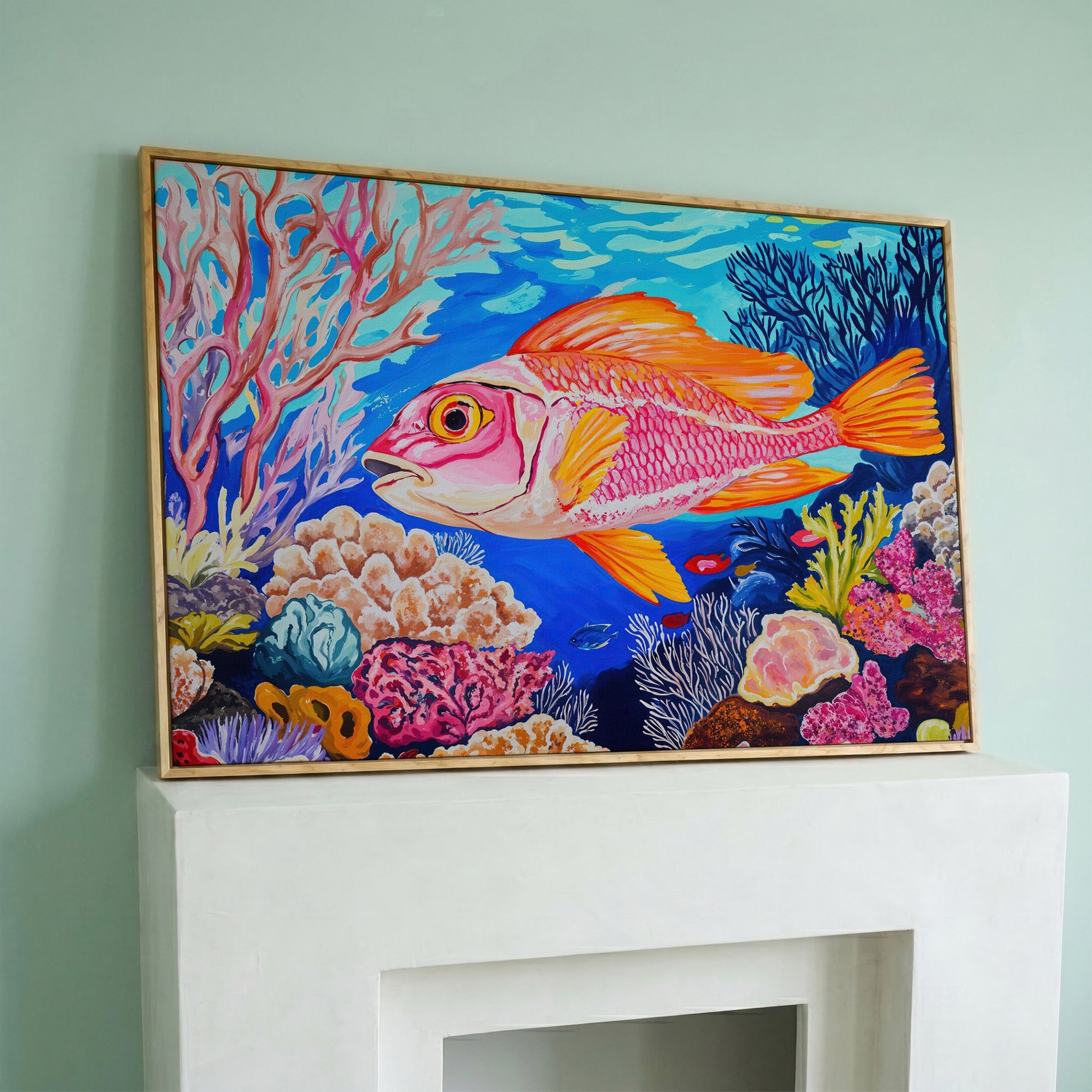 Coral Reef Canvas Art with Reddish-Orange Fish, Large Wall Print in white oak floating frame
