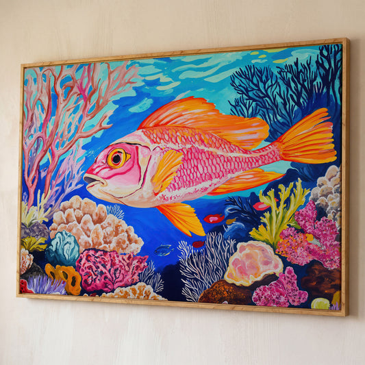 Coral Reef Canvas Art with Reddish-Orange Fish, Large Wall Print shown in white oak floating frame