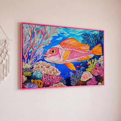 Coral Reef Canvas Art with Reddish-Orange Fish, Large Wall Print in pink floating frame