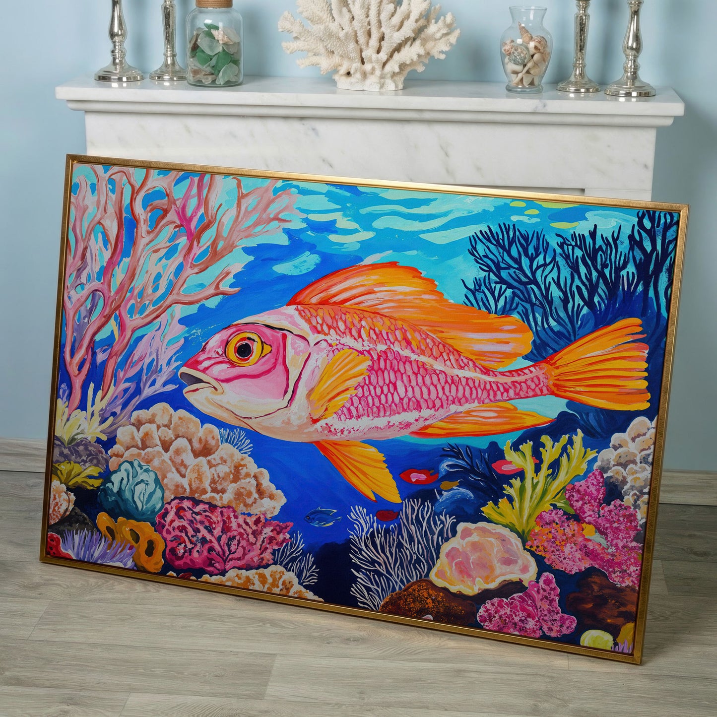 Coral Reef Canvas Art with Reddish-Orange Fish, Large Wall Print in rose gold floating frame