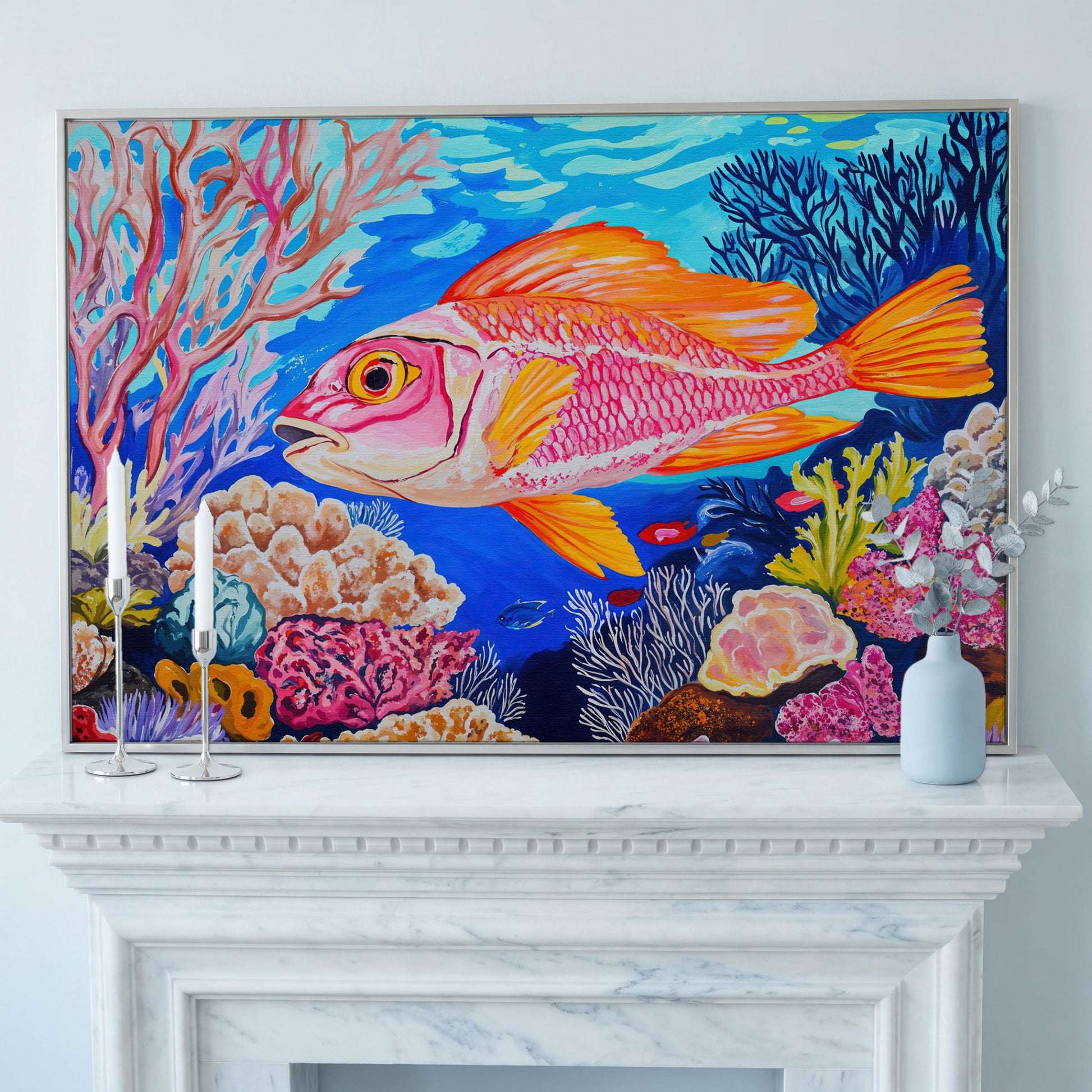 Coral Reef Canvas Art with Reddish-Orange Fish, Large Wall Print in silver floating frame