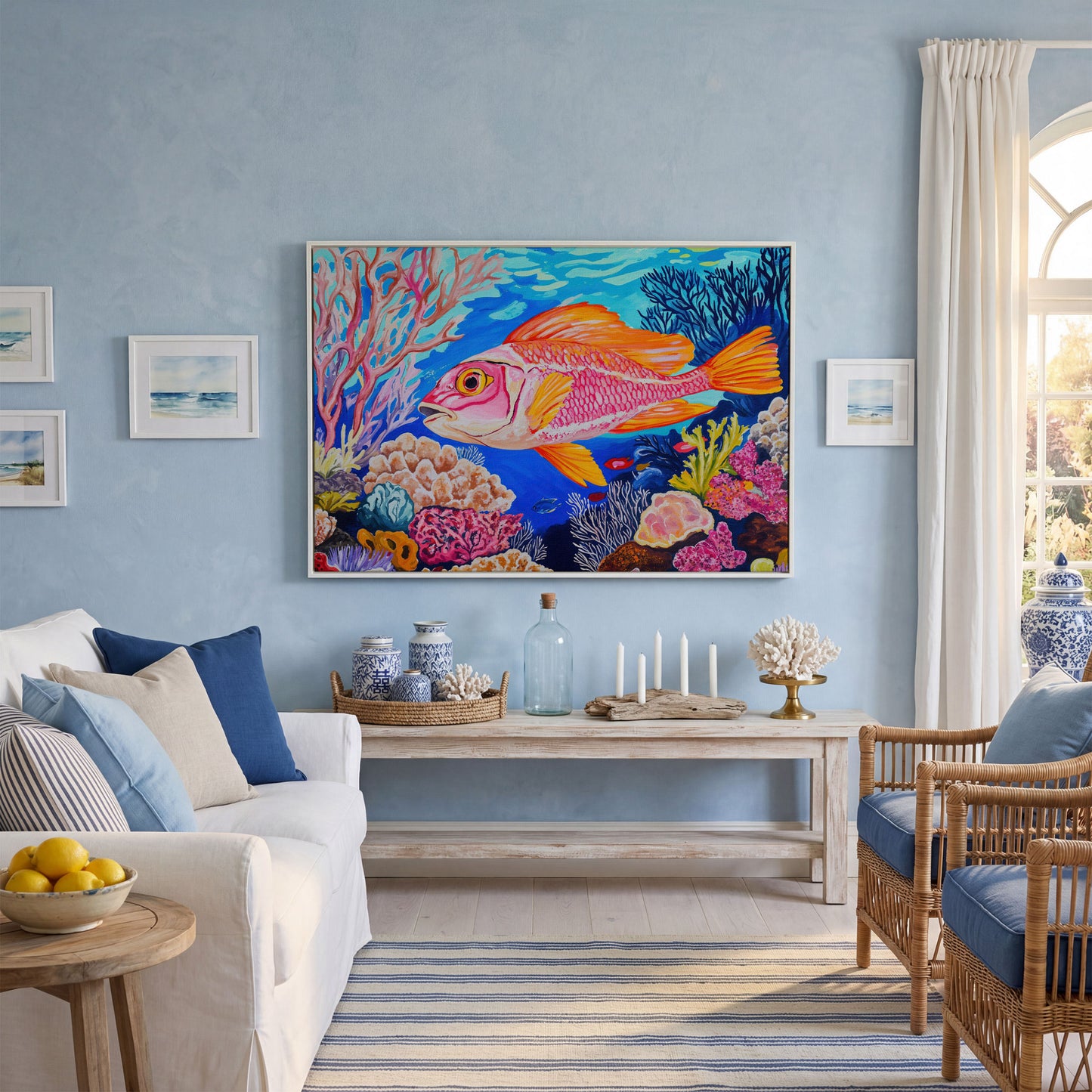 Coral Reef Canvas Art with Reddish-Orange Fish, Large Wall Print in white floating frame