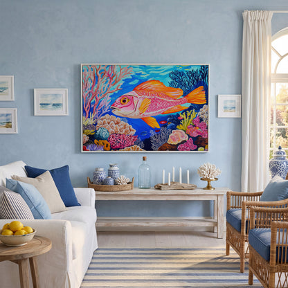Coral Reef Canvas Art with Reddish-Orange Fish, Large Wall Print in white floating frame