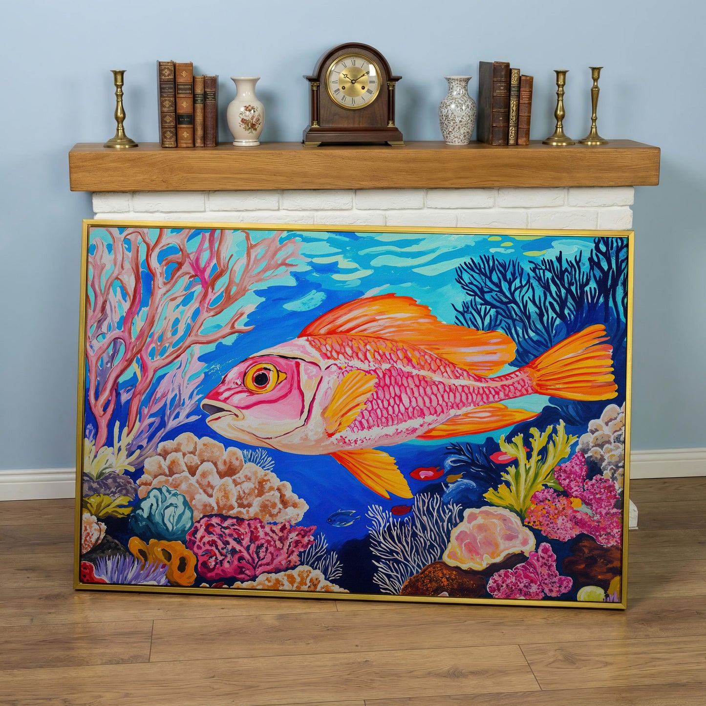 Coral Reef Canvas Art with Reddish-Orange Fish, Large Wall Print in yellow gold floating frame