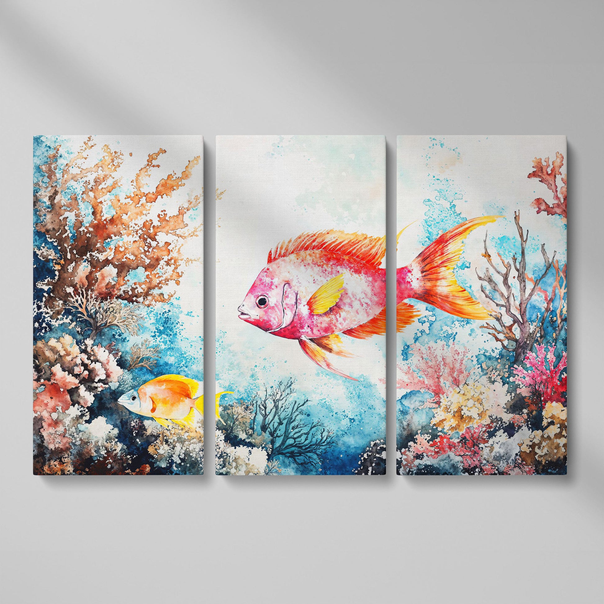 Coral Reef Canvas Art with Swimming Tropical Fish, Up to 94 Inches as 3-panel split version