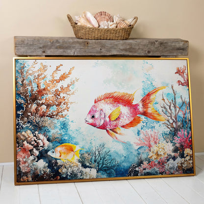 Coral Reef Canvas Art with Swimming Tropical Fish, Up to 94 Inches in antique gold floating frame