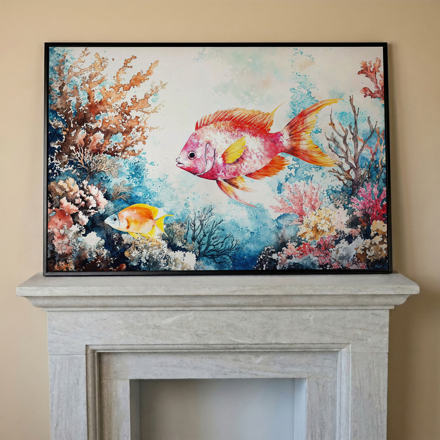 Coral Reef Canvas Art with Swimming Tropical Fish, Up to 94 Inches in black floating frame