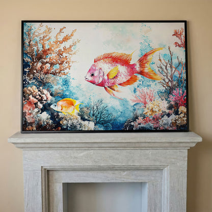 Coral Reef Canvas Art with Swimming Tropical Fish, Up to 94 Inches in black floating frame